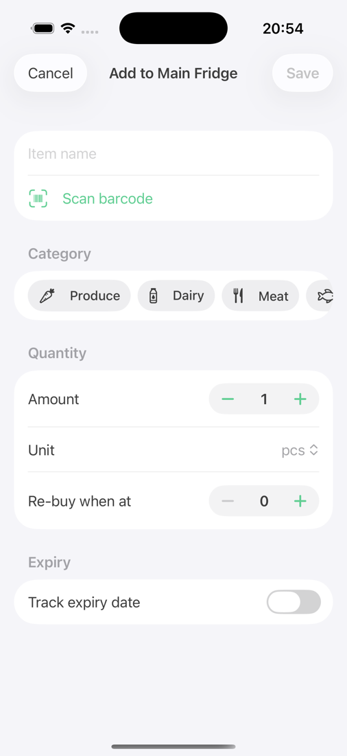 Add item screen with a Re-buy-when-at threshold and quantity stepper