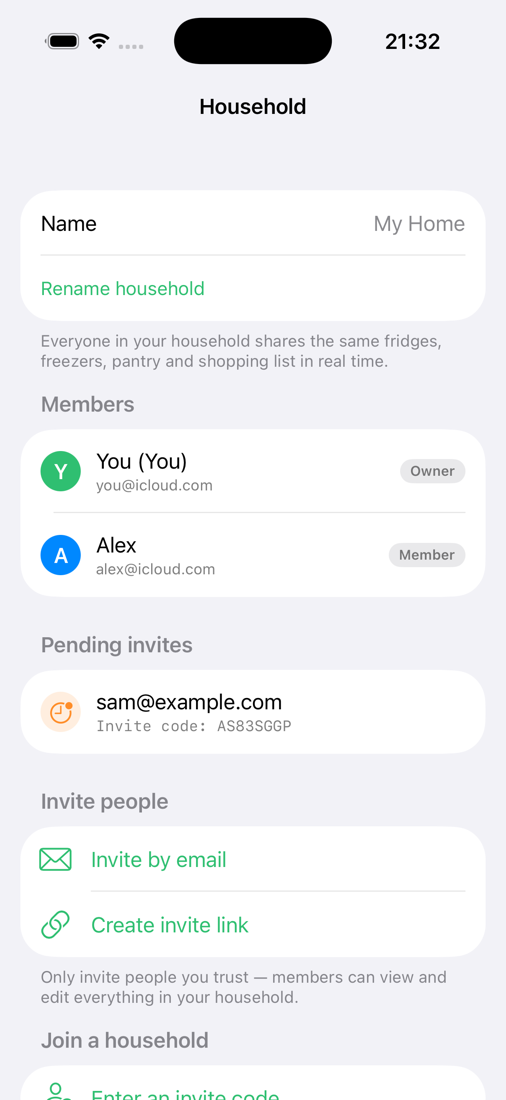 Household members screen showing You and Alex, and a pending invite